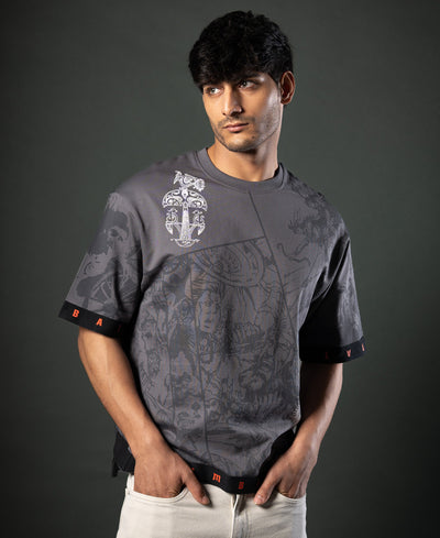 Grey Mahabharata Print T-Shirt.