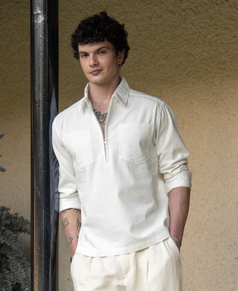 White Structured Zipper Shirt 100% Cotton