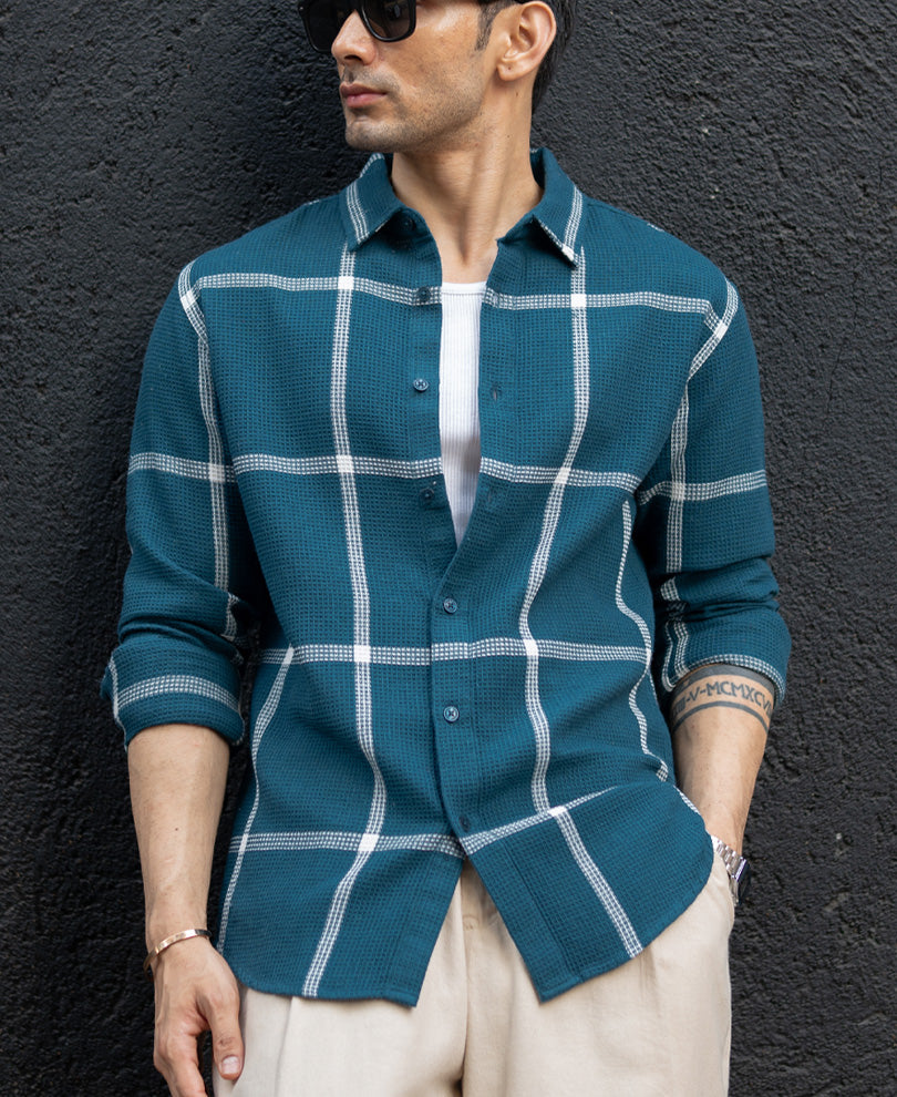 Teal Structured Checked Shirt
