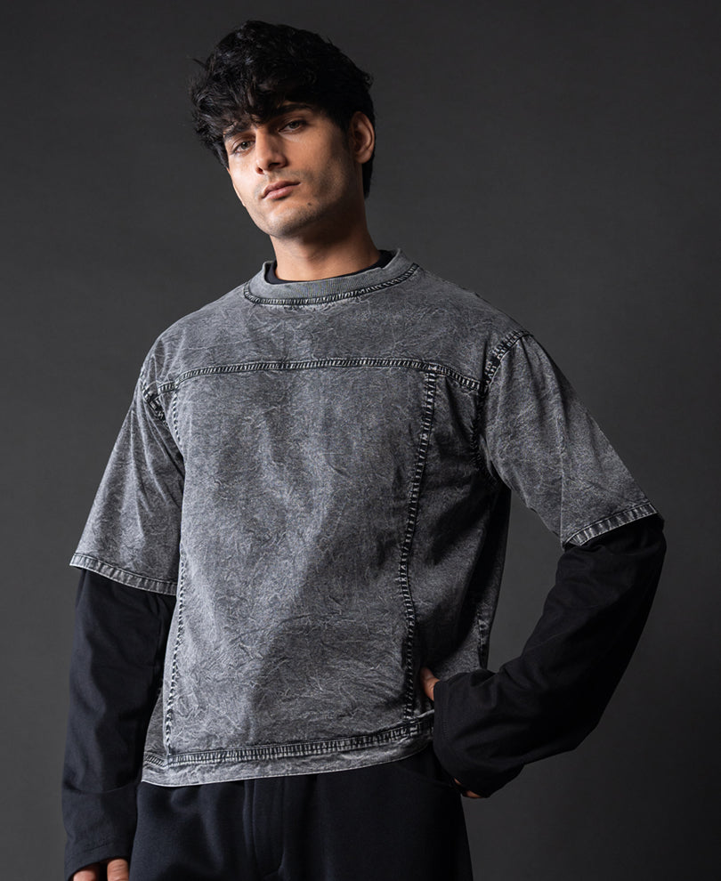 Grey Washed Panelled T-Shirt.