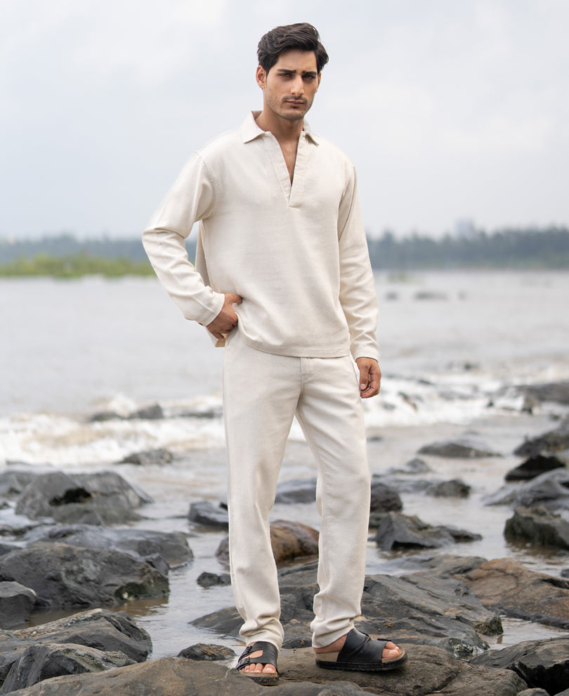 Cream Striuctured Cotton Kurta Shirt