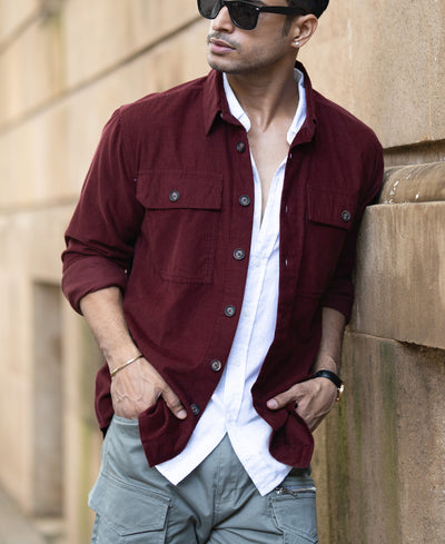 Wine Corduroy Shirt With Pockets