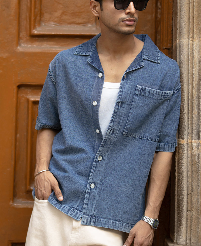 Dark Blue Washed Boxy Denim Shirt.