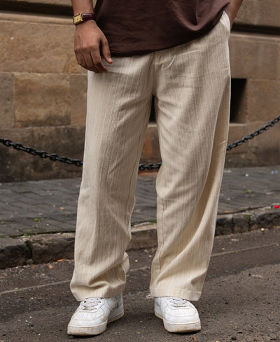 Cream Self Stripe Linen Trouser