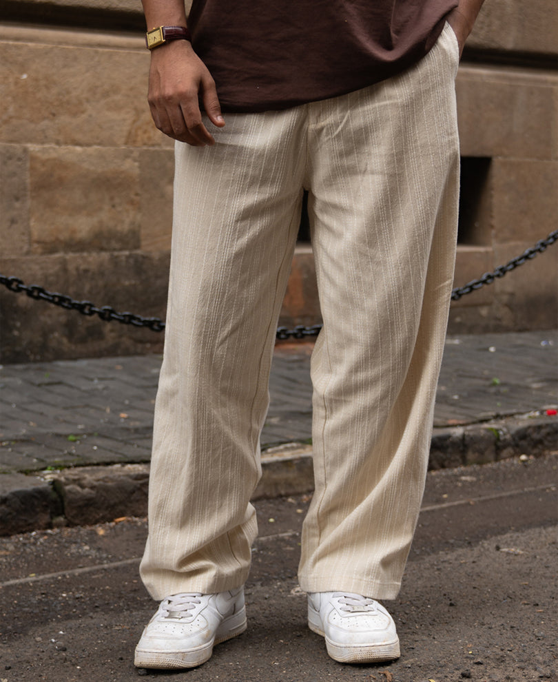 Cream Self Stripe Linen Trouser