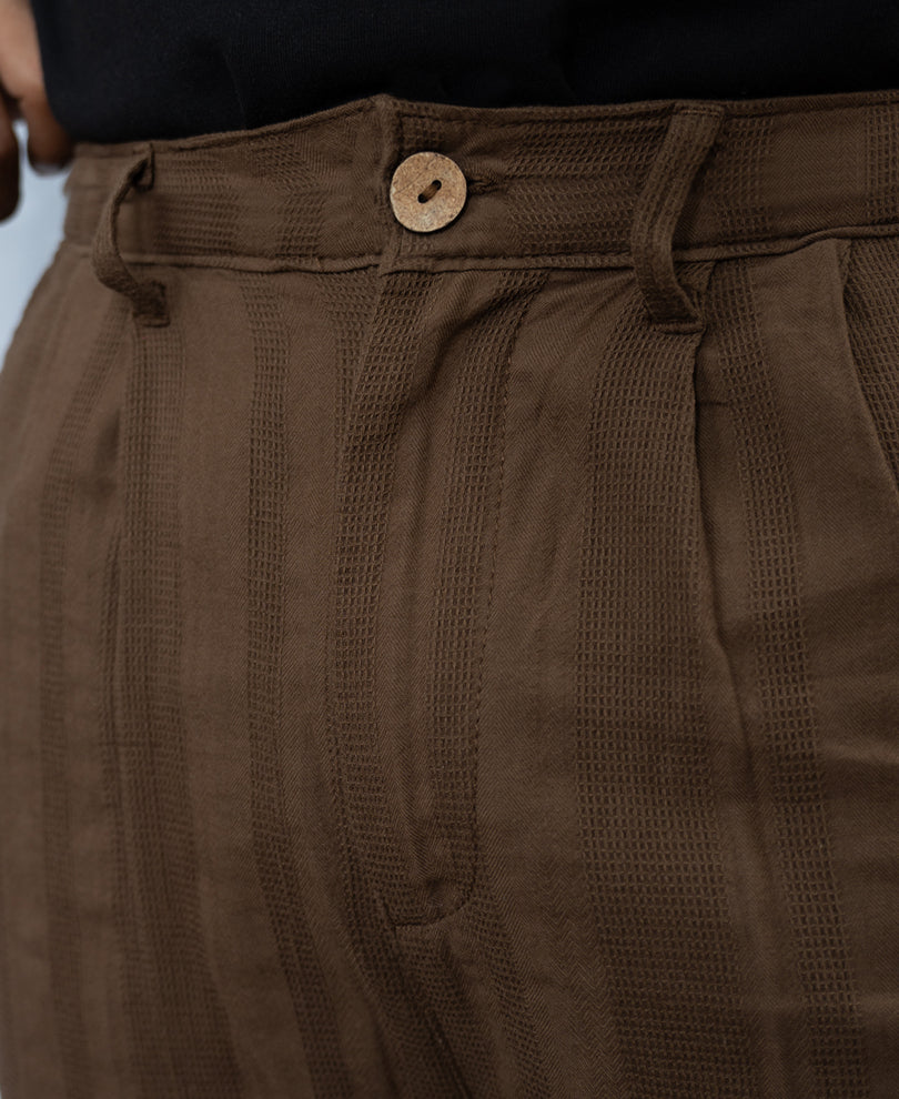Brown Structured Pleated Cotton Trousers.
