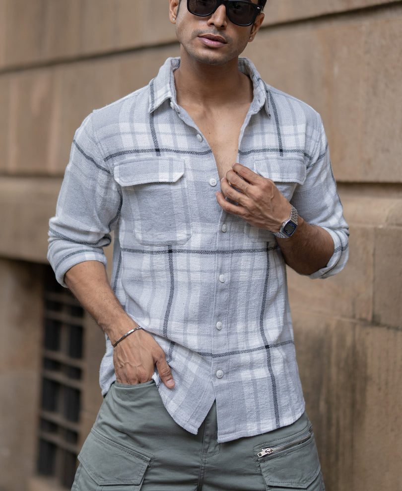 Light Grey Structured Checks Shacket Oversize Drop Shoulder Shirt