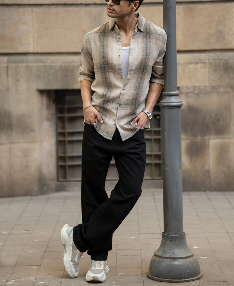 Beige Structured Checked Shirt