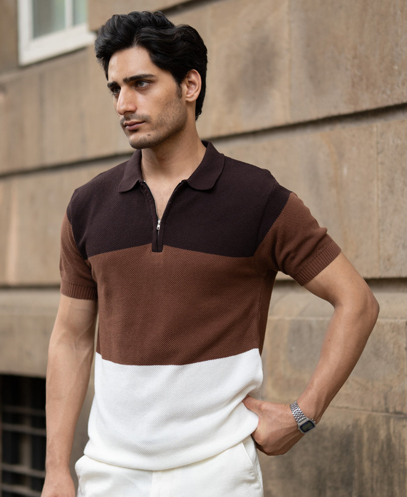 Brown & Beige Stripe Knit T-Shirt