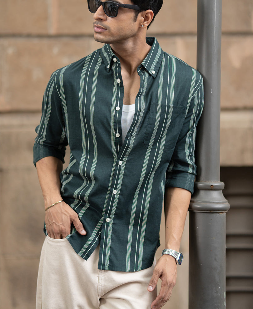 Dark Green Stripped Button Down Shirt