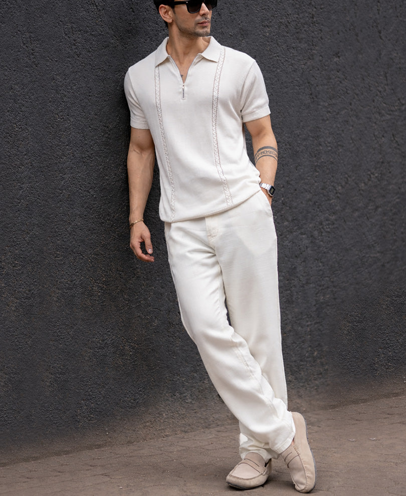White Structured Knit Zipper T-Shirt.