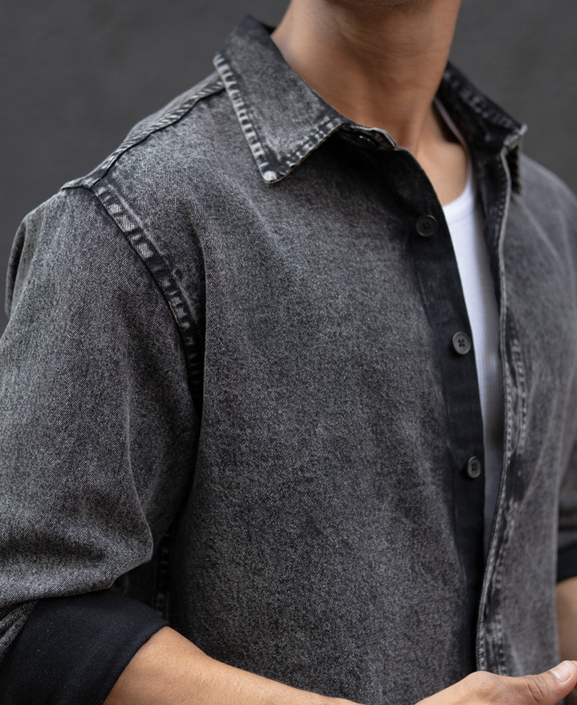 Charcoal Black Washed Denim Overshirt.