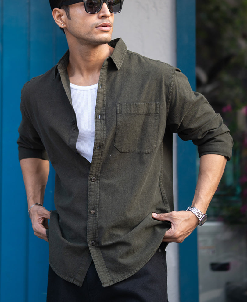 Dark Olive Double Pocket Denim Shirt
