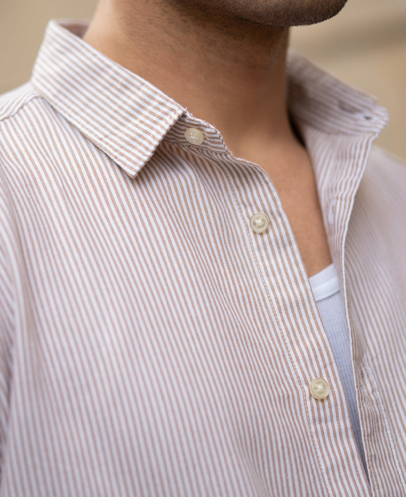 Dark Beige Oxford Stripe Shirt.