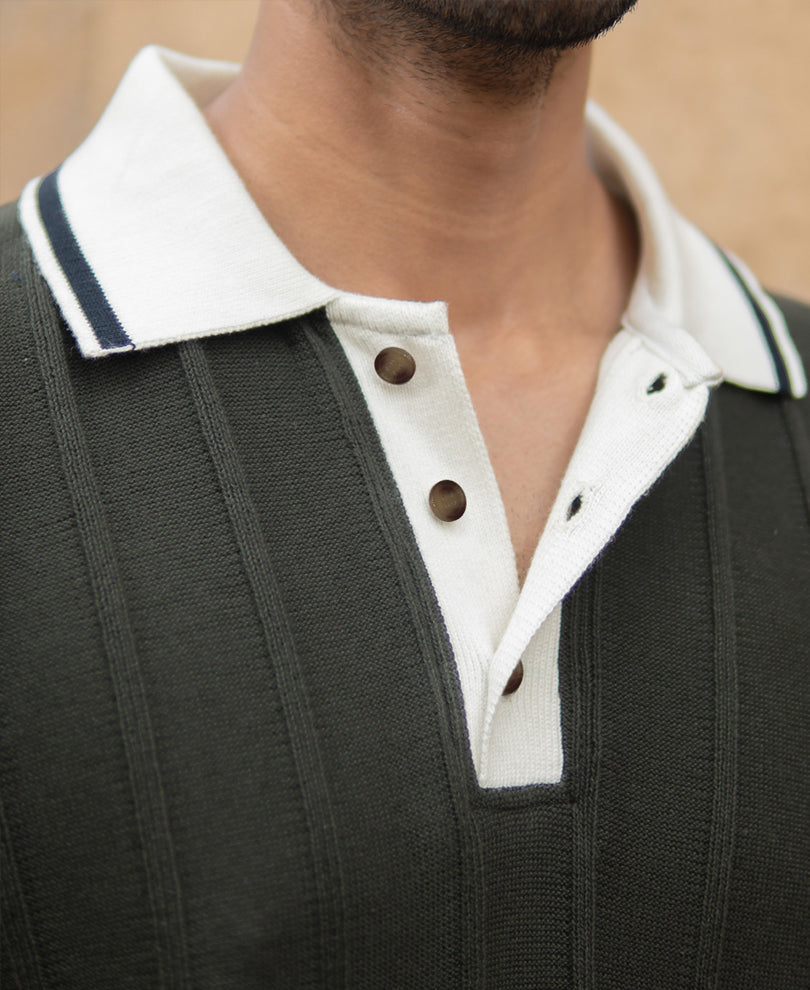 Olive Contrast Collar Knit T-Shirt