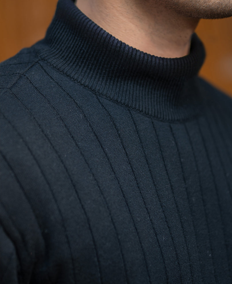 Black Structure Stripe High Neck Sweater