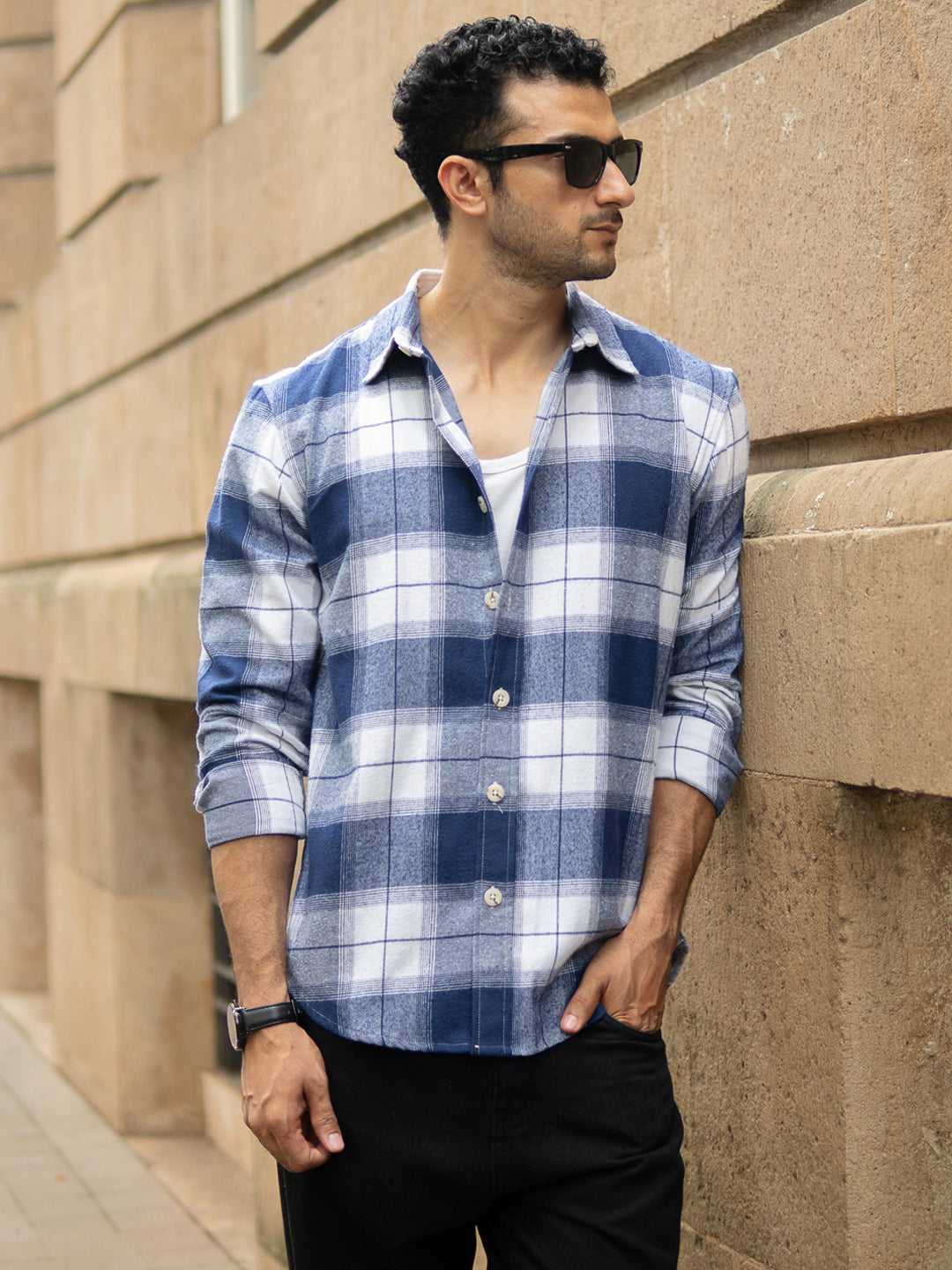 Dark Blue Brushed Checks Shirt