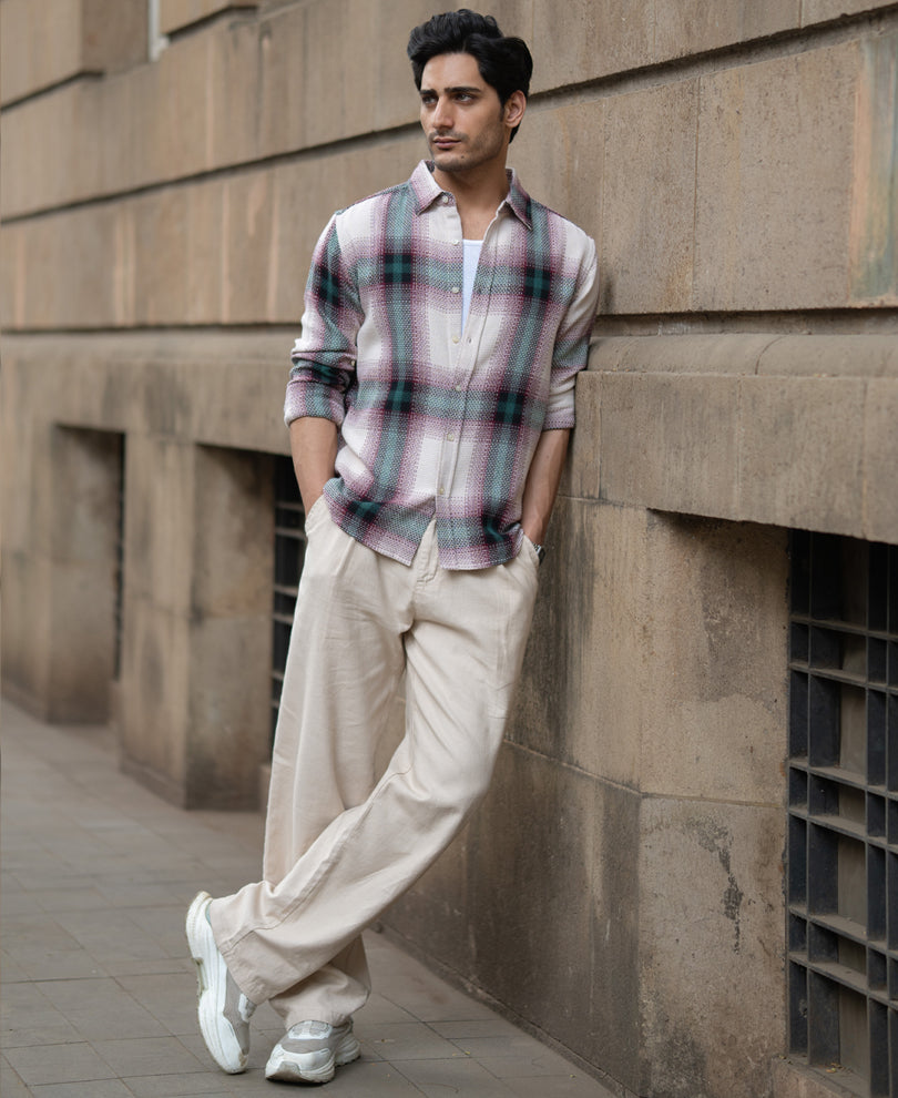 Green & Off-White Structured Checks Shirt