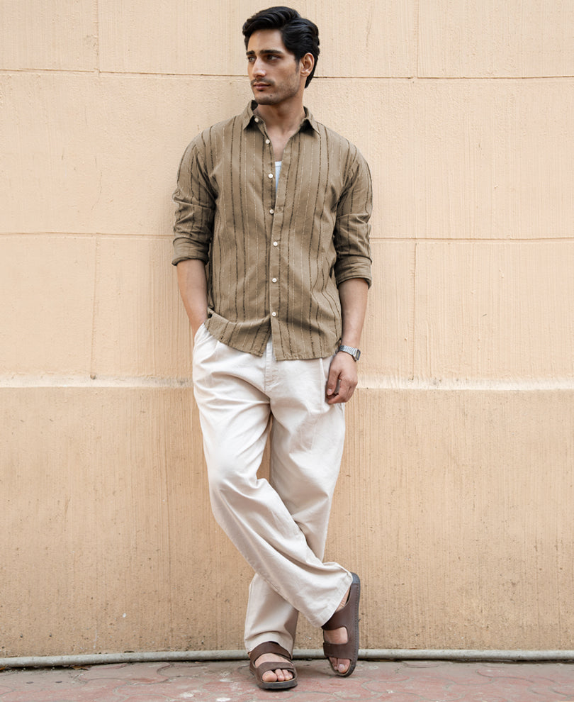 Dark Beige Boucle Stripe Shirt.