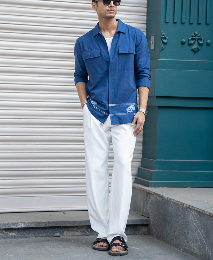 Navy Embroidered Linen Shirt