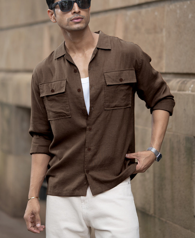 Brown Linen Double Pocket Shirt