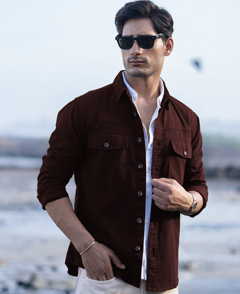 Wine Structured Overshirt With Pockets.