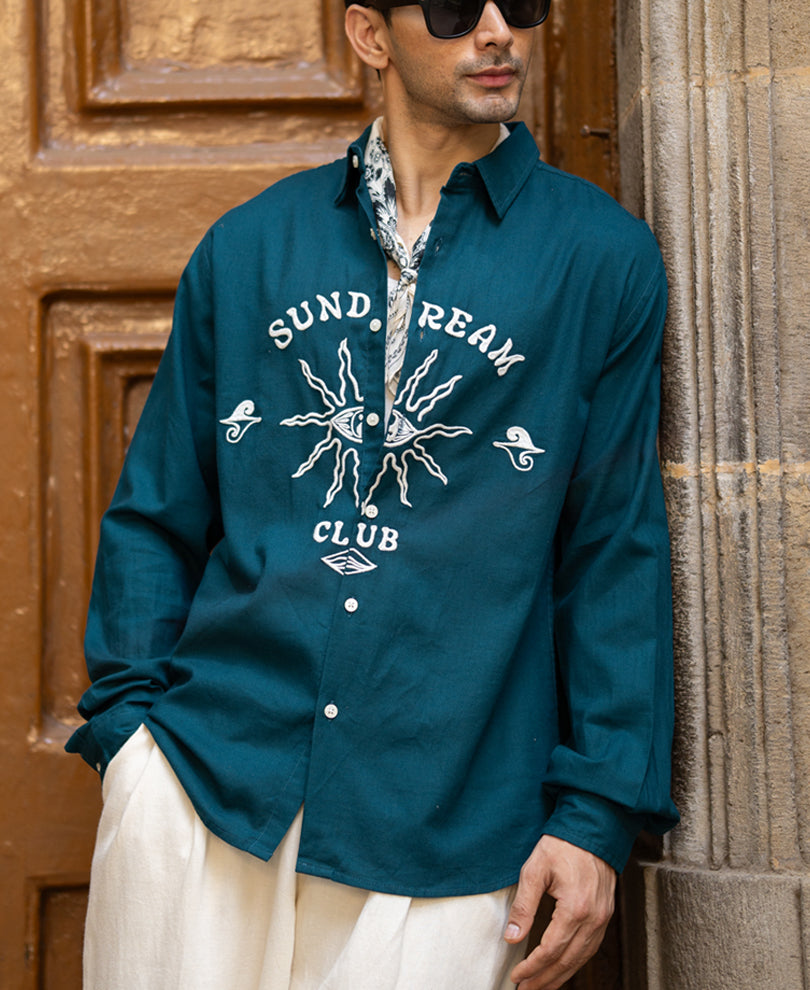 Teal Blue Embroidered Shirt 100% Cotton