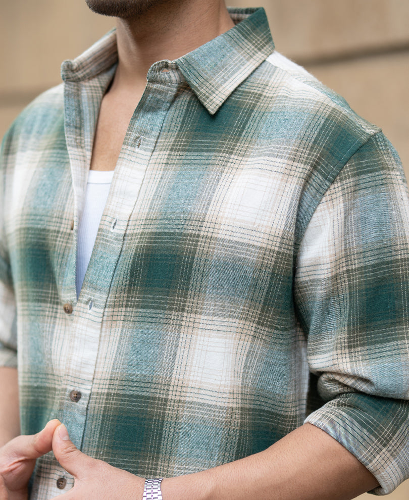 Green & Beige Flannel Checks Shirt.