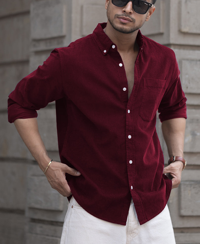 Wine Corduroy Regular Fit Full Sleeves Shirt