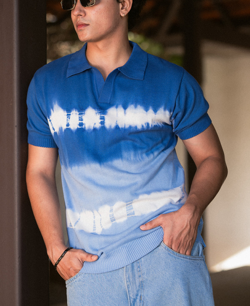 Blue Tie Dye Knit T-Shirt.