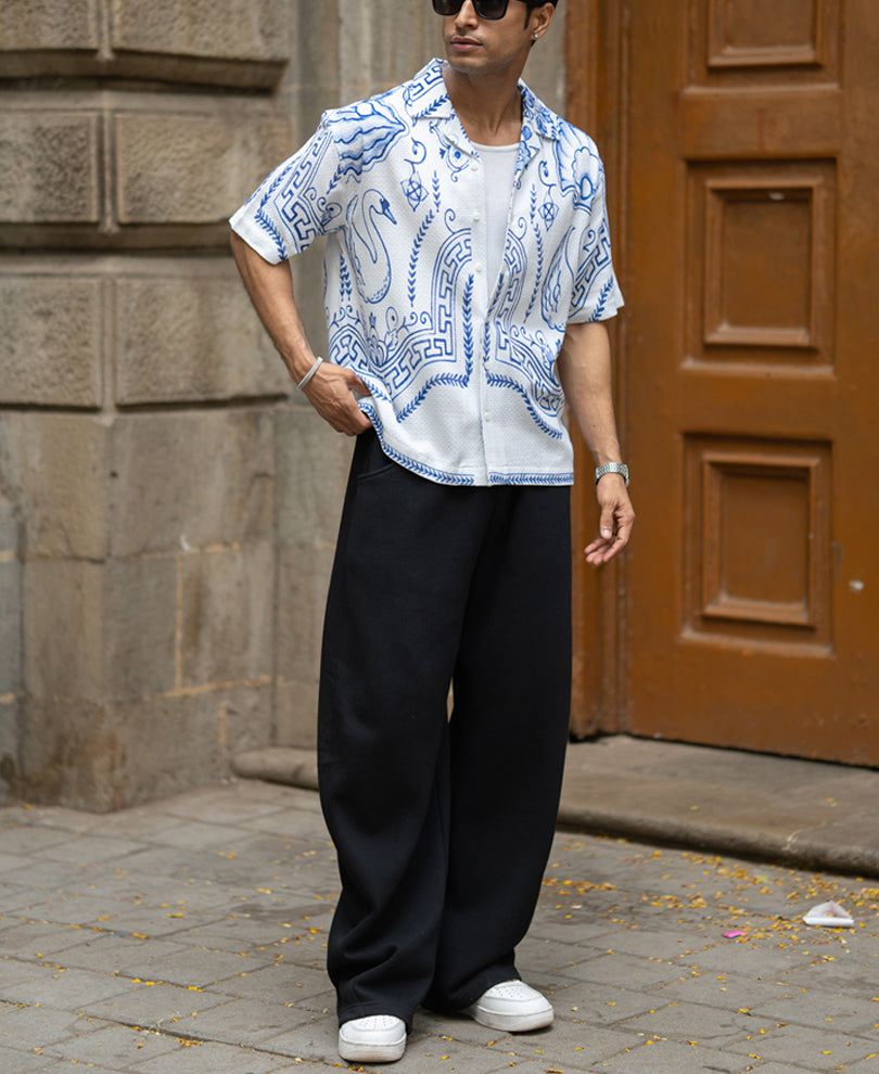 White Printed Cotton Structured Shirt.