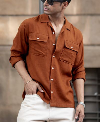 Tan Linen Double Pocket Shirt
