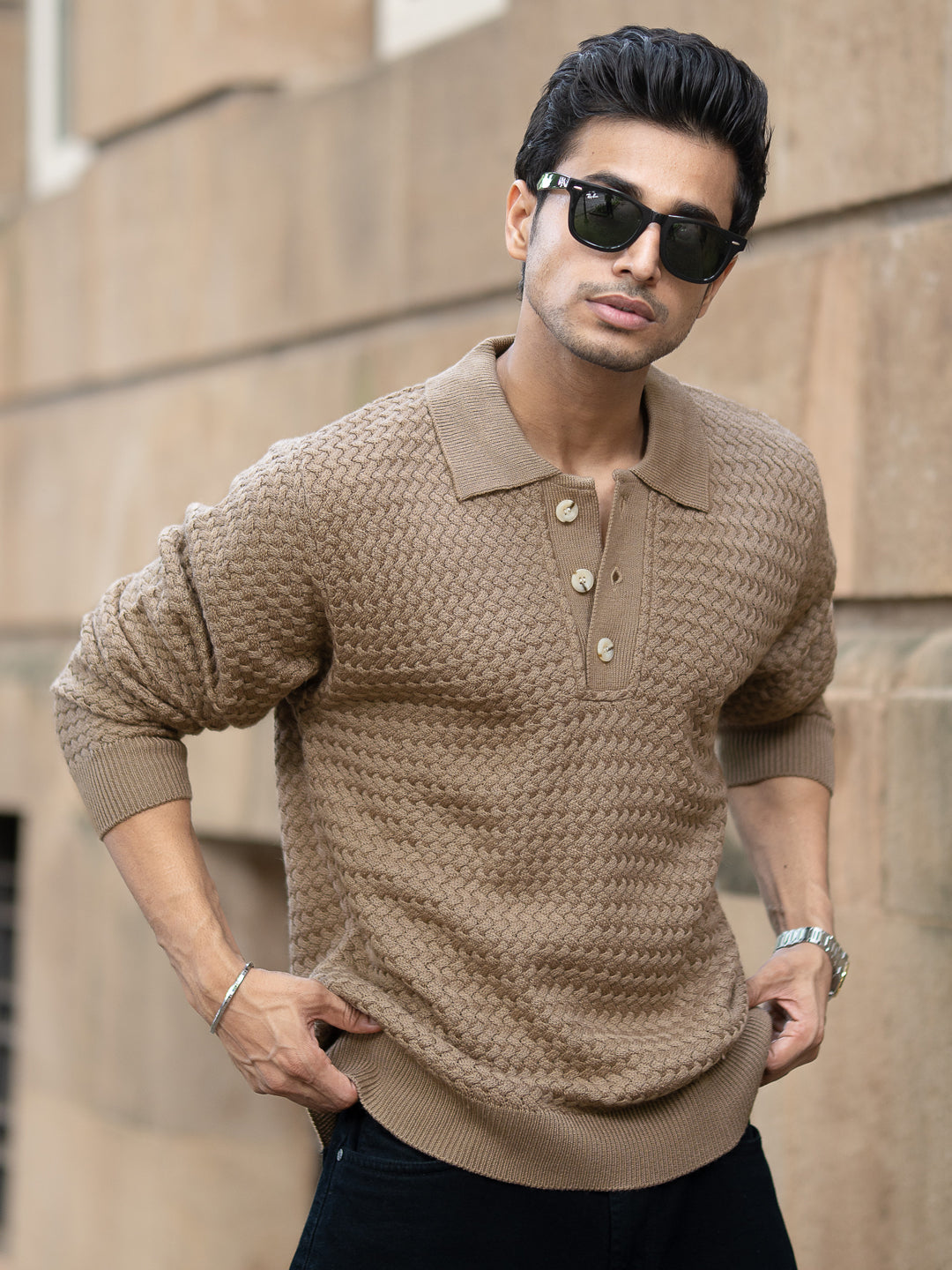 Dark Beige Knit Polo Sweater