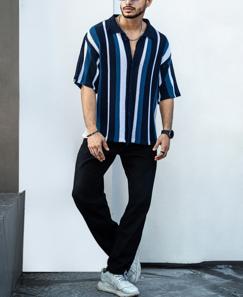 Multicolor Crochet Knit Striped Oversize Drop Shoulder Shirt