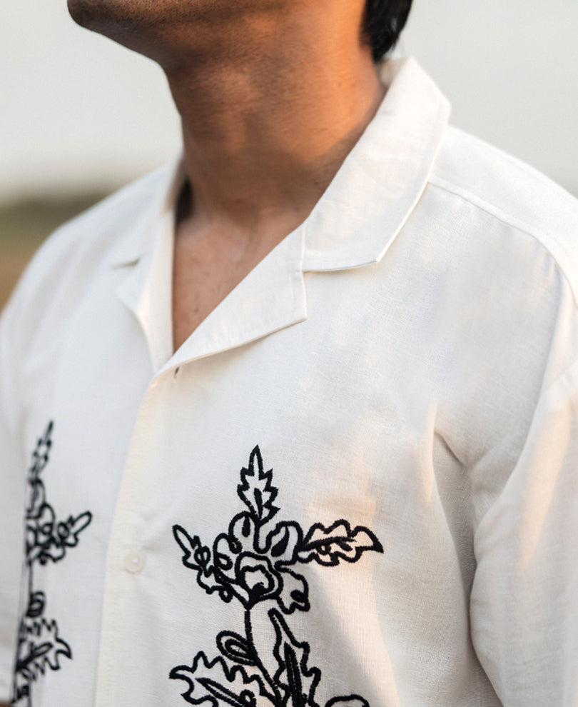 Off White Structured Embroidery Oversized Half Sleeves Shirt
