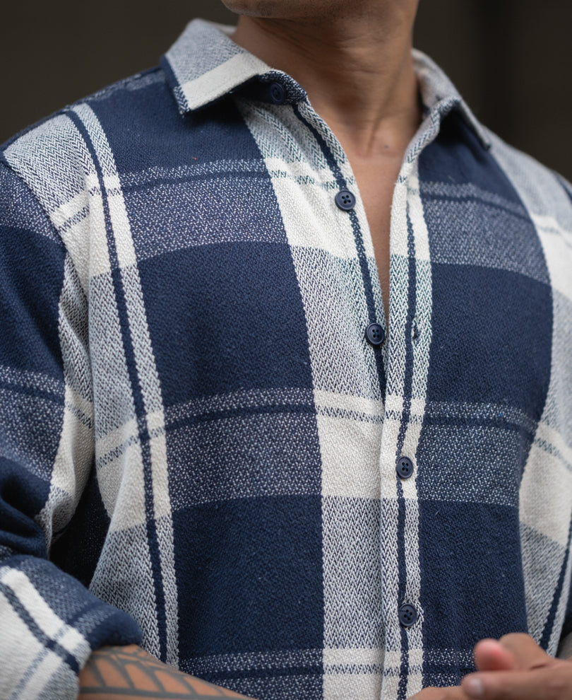 Navy Blue And White Checks Regular Fit Full Sleeves Shirt