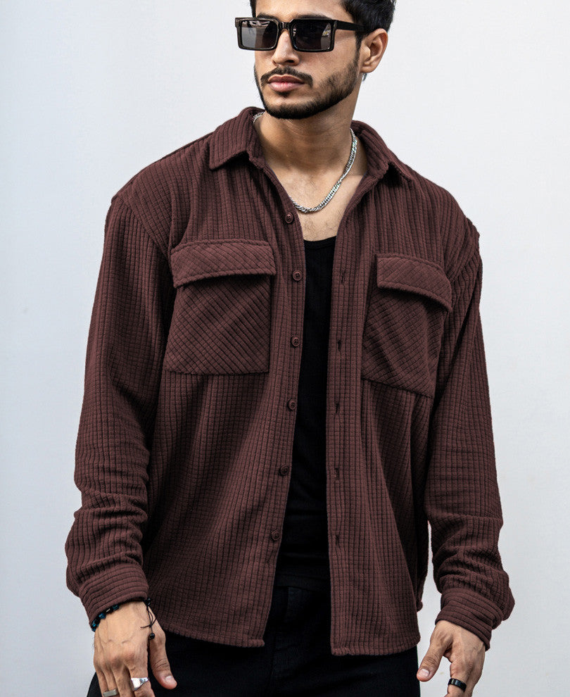 Dark Brown Structured Shacket Oversized Shirt