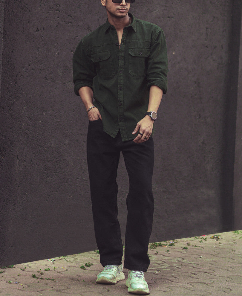 Dark Green Denim Shacket Full Sleeves Shirt