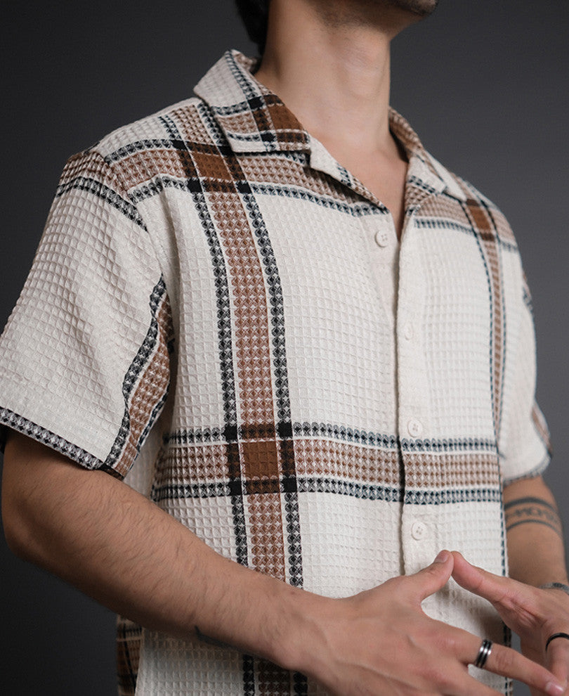 Off White and Brown Structured Checks Half Sleeves Shirt