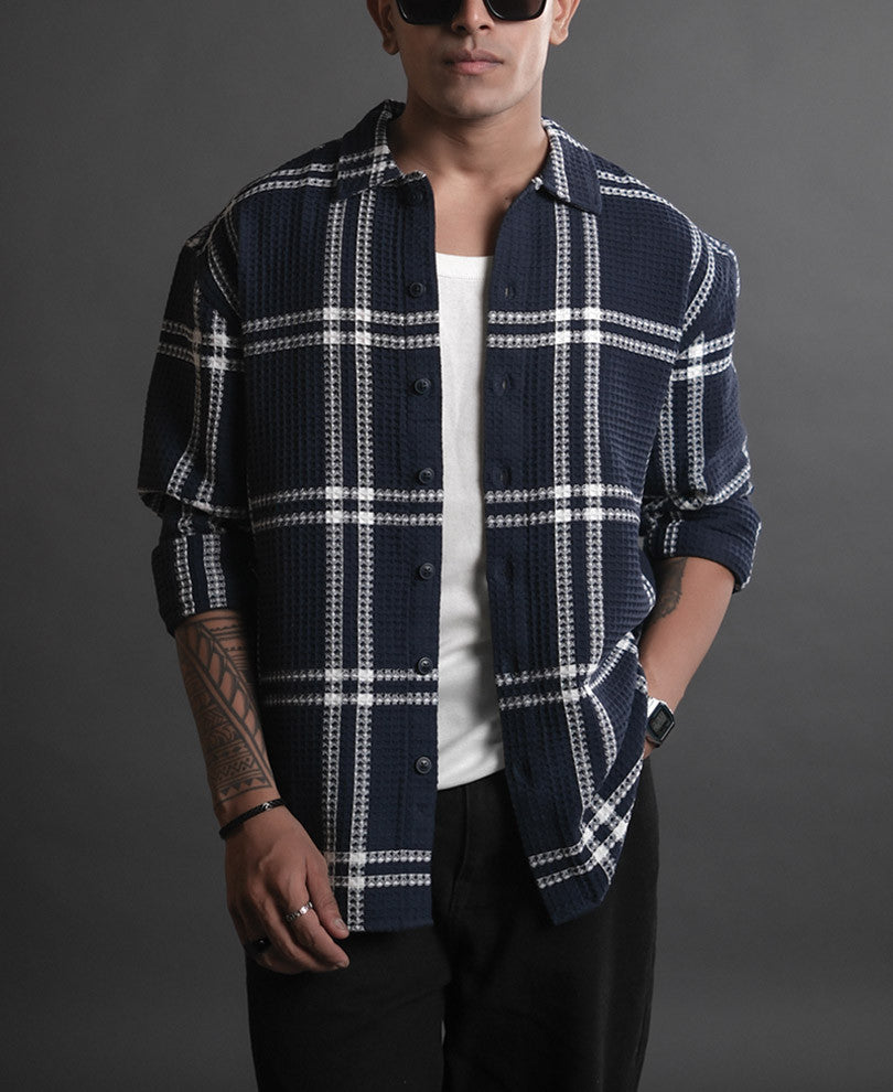 Blue and White Structured Checks Oversized Shirt