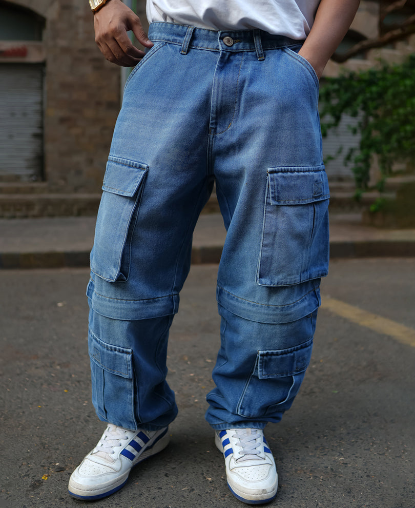 Light Blue Denim Cargo Baggy Fit Jeans