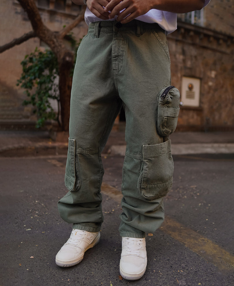 Dark Green Denim Cargo Pocket Baggy Fit Jeans