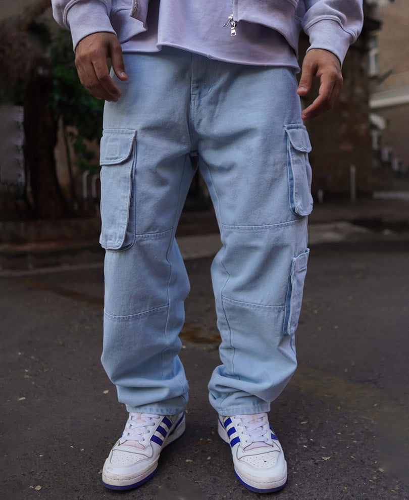 Sky Blue Denim Cargo Pocket Baggy Fit Jeans