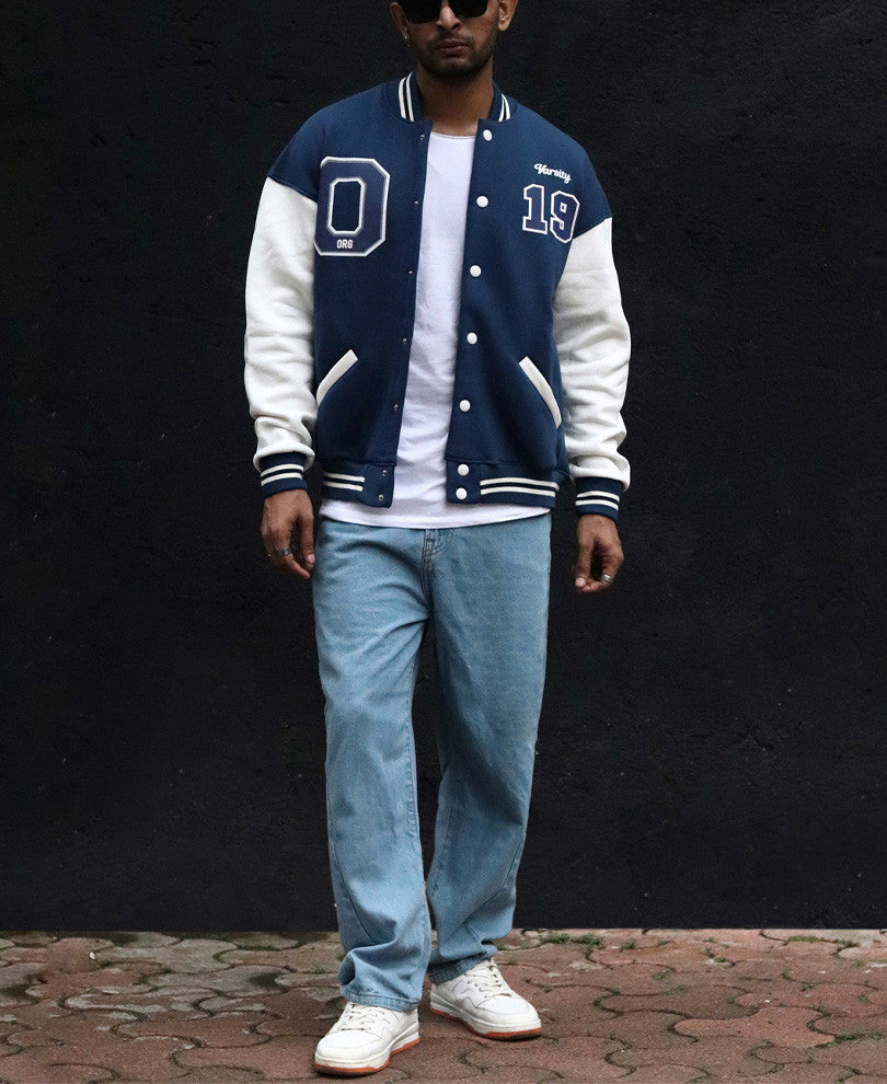 Sapphire Blue Chest Print Varsity Oversize Jacket
