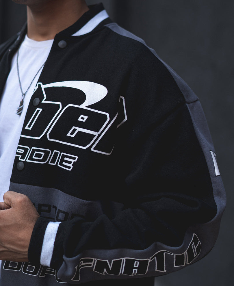Grey and Black Rebel Oversized Varsity Jacket