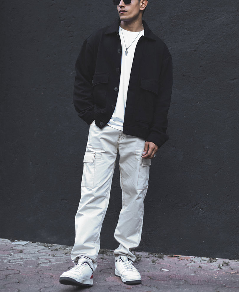 Black Plain Shacket Double Pocket Oversized Jacket