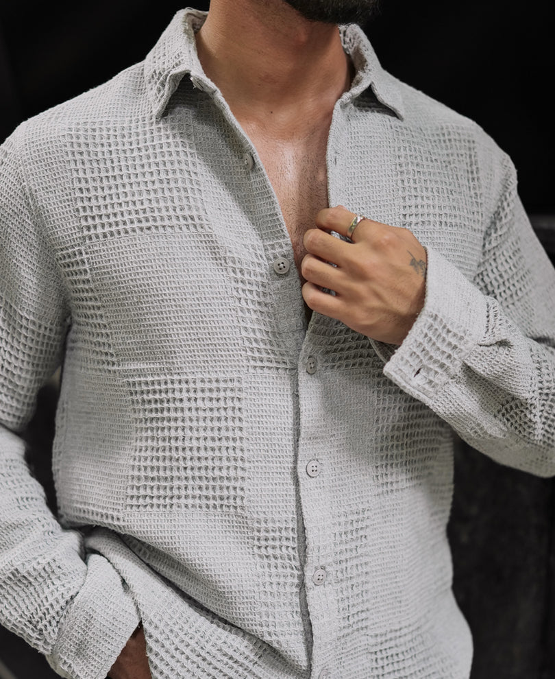 Grey Waffle Structure Regular Fit Full Sleeves Shirt