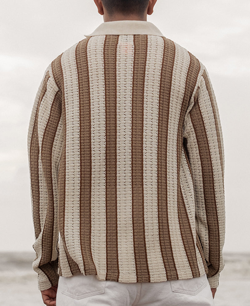 Off White and Beige Crochet Striped Regular Full Sleeves Shirt