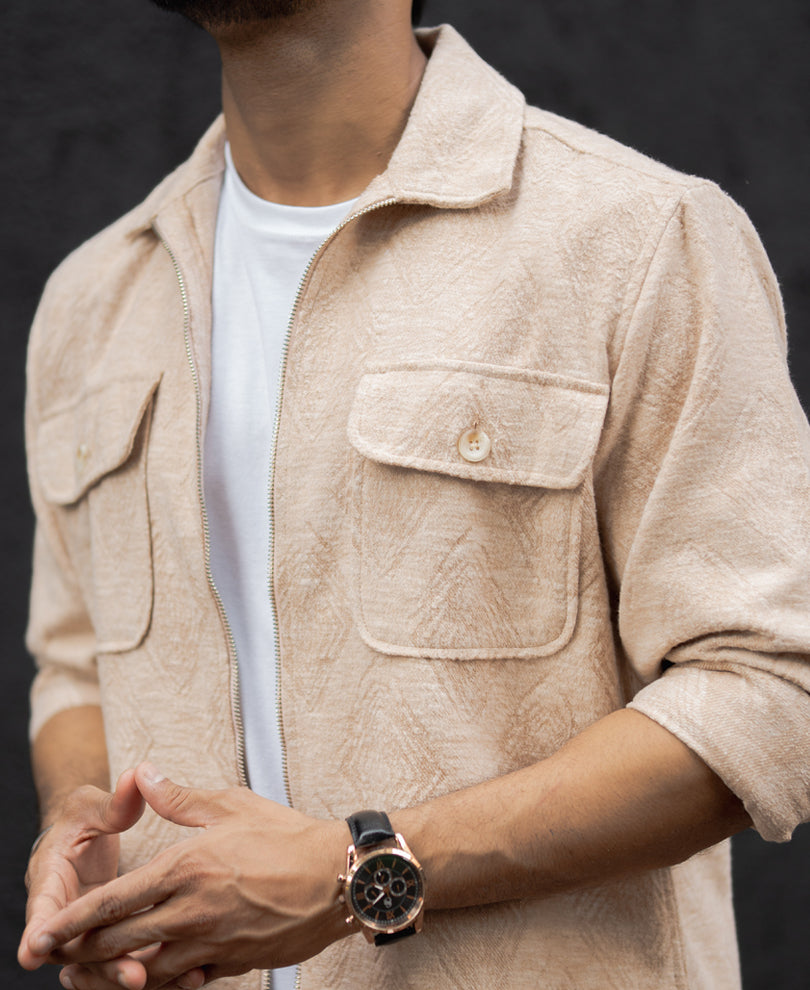 Dark Fawn Regular Fit Full Sleeves Shirt With Zip