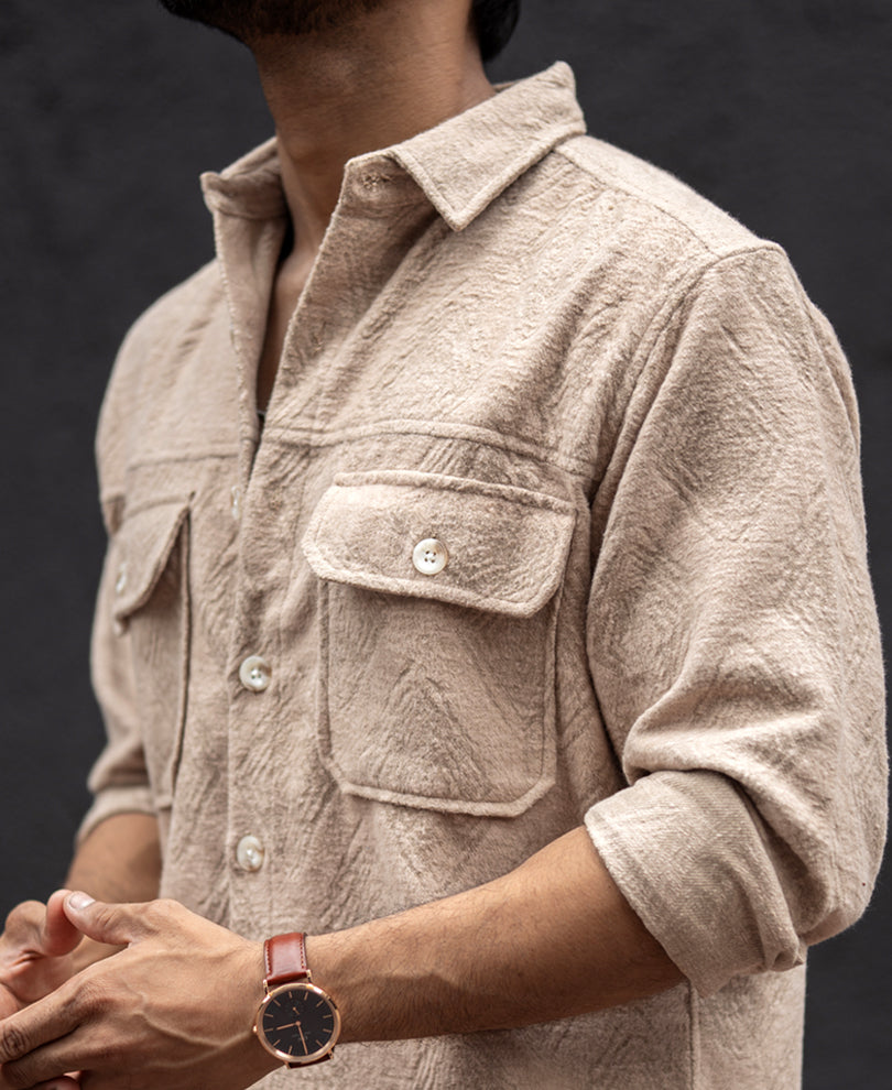 Light Khaki Regular Fit Full Sleeves Shirt With Double Pocket